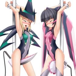 2girls akatsuki_kirika alpha_channel arms_above_head black_hair blonde_hair blush bodysuit bondage breasts closed_eyes clothed_navel cuffs eto female femsub for_sticker_use handcuffs highres motion_blur multiple_girls multiple_subs no_background no_pants png restrained senki_zesshou_symphogear sex_machine sticker_template swimsuit thighhighs transparent_background transparent_png tsukuyomi_shirabe