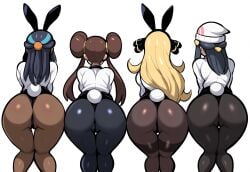 4girls ai_generated ass ass_focus back back_view big_ass bunny_ears bunny_tail cynthia_(pokemon) dawn_(pokemon) mullon multiple_girls nessa_(pokemon) novelai pokemon pokemon_bw2 pokemon_dppt pokemon_ss rosa_(pokemon) standing