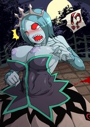 ! ? areolae blue_hair blush breasts female female_only final_fantasy final_fantasy_crystal_chronicles full_moon ghost ghost_girl large_breasts monster monster_girl night nipples outdoors puffy_nipples red_eyes sharp_teeth short_hair solo speech_bubble tear tiara undead_princess wardrobe_malfunction