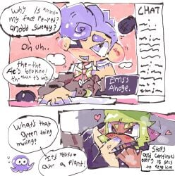 blowjob clothed_female_nude_male couple desk fellatio female_on_femboy femboy femboysub green_hair inkling inkling_girl octoling_boy purple_hair splatoon splatoon_3 stockings streaming sucking_penis thighhighs thighs under_the_table