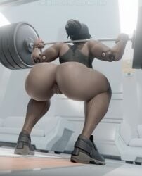 1girls 3d absurd_res african african_female ass ass_focus black_hair blender blender_(software) blender_eevee dark-skinned_female dzooworks female female_focus female_only gilf gym gym_uniform highres indoors looking_at_viewer muscular_female overwatch overwatch_2 partially_clothed sojourn_(overwatch) standing thick_ass thick_thighs video_games vivian_chase watermark