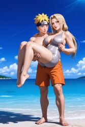 ai_generated beach carrying_partner demo003 naruto one-piece_swimsuit tsunade uzumaki_naruto