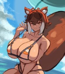 1girls beach bikini blazblue brown_hair huge_breasts makoto_nanaya rodgewp tagme