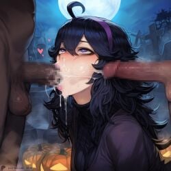 1-a_dot 1girls 2boys ai_generated balls blowjob blush breasts cum cum_in_mouth cum_on_face dark-skinned_male dark_skin dress facial fellatio female halloween heart hex_maniac interracial long_hair male messy_hair oral oral_sex penis pokemon pumpkin purple_eyes rolling_eyes smile