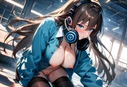 1girls ai_generated all_fours anilvl arm_support bangs black_hair black_thighhighs blue_cardigan blue_eyes blue_jacket blush bottomless breasts breasts_out brown_hair buttons cardigan classroom cleavage cleft_of_venus closed_mouth collared_shirt go-toubun_no_hanayome hair_between_eyes headphones headphones_around_neck indoors jacket large_breasts leaning_forward light_particles long_hair long_sleeves looking_at_viewer nakano_miku nipples no_bra no_panties open_cardigan open_clothes open_mouth open_shirt parted_lips pussy shirt sidelocks sitting skindentation solo stairs thighhighs thighs uncensored very_long_hair white_shirt