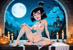 1girls ai_generated arms big_breasts black_hair breasts danny_phantom female female_only goth goth_girl halloween lips lipstick looking_at_viewer miapipai mummy_costume nickelodeon nipples nude nude_female purple_eyes purple_lipstick pussy sam_manson smile smiling tied_hair