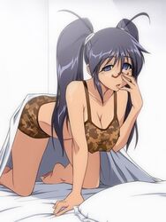 1girls adjusting_glasses all_fours bed bed_sheet blue_eyes blue_hair blush breasts cleavage feet female glasses hinata_aki keroro_gunsou large_breasts lingerie long_hair looking_at_viewer milf nightmare_express open_mouth pillow solo tied_hair toes twintails