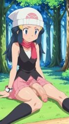 1futa ai_generated blue_eyes blue_hair dark_blue_hair dawn_(pokemon) flaccid foreskin full-package_futanari futa_only futanari penis pokemon testicles