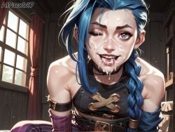 1girls ai_generated ainoob17 arcane arcane_jinx blowjob blue_hair cum cum_in_mouth cumshot dark-skinned_male facial jinx_(arcane) jinx_(league_of_legends) league_of_legends light-skinned_female penis riot_games saliva smile smiling stable_diffusion tagme