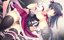 1girls black_hair black_legwear blush breasts condom corset detached_collar detached_sleeves erect_nipples female gloves highres leg_garter long_hair maid_headdress nipples original panties purple_eyes pussy_juice red_eyes ribbon skirt solo thighhighs topless underwear vibrator vibrator_under_panties yudesoba