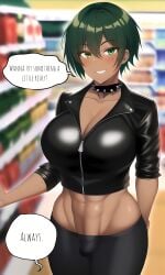 ai_generated bulge bulge_through_clothing dark-skinned_futanari dark_skin dialogue futa futasub green_eyes green_hair large_breasts larger_female leather_jacket leggings male_pov morgan_(xdk141) muscular novelai pov public punk punk_girl solo_futa speech_bubble store supermarket xdk141