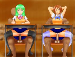 2boys 2girls bottomless censored entorii expressionless faceless_male female male multitasking nude original original_character pussy reverse_cowgirl_position school school_uniform schoolgirl sex spread_legs thighhighs vaginal_penetration