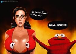 big_breasts black_hair blue_eyes busty celebrity dyed_hair elmo glasses gnashershells hell katy_perry maureen_diccico meme musician nerd nipples_visible_through_clothing real_person ripped_clothing sesame_street sweat sweat_on_breasts sweatdrop talking text_bubble tight_clothing