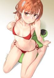 1girls 2020s 2022 adjusting_clothes adjusting_swimsuit arm_behind_back artist_name barefoot bikini blush breasts brown_eyes brown_hair embarrassed female flower from_above gekota hair_flower hair_ornament halterneck hand_up hi_res legs looking_at_viewer matching_hair/eyes medium_hair misaka_mikoto navel pillow_humping pulled_by_self raika9 red_bikini side-tie_bikini_bottom sitting sitting_on_pillow small_breasts solo string_bikini string_pull swimsuit teenage_girl teenager thighs to_aru_kagaku_no_railgun to_aru_majutsu_no_index wavy_mouth white_flower young