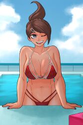 1girls 2d asahina_aoi big_breasts bikini bikini_bottom bikini_top blue_nail_polish blue_nails brown_hair busty danganronpa danganronpa:_trigger_happy_havoc dark-skinned_female dark_skin female female_only front_view hairclip hourglass_figure huge_breasts large_breasts pool poolside red_bikini slushiebest smile solo straight_hair swimming_pool tanned_skin voluptuous voluptuous_female water wet wet_body