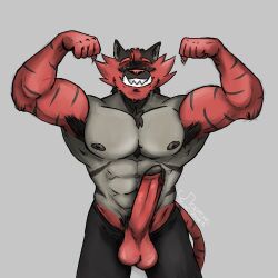 abs anthro anthro_only balls dick_slip erection felid feline flexing flexing_bicep fur generation_7_pokemon genitals grin humanoid_genitalia incineroar lorens lorens_j male male_only mammal muscular muscular_male nintendo pantherine penis pokemon pokemon_(species) presenting presenting_balls presenting_penis red_body red_fur seductive smile solo tiger