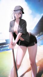 1girls bags_under_eyes baseball_bat baseball_cap baseball_stadium baseball_uniform bent_over cleavage clouds fiona_frost hair_over_one_eye houston_astros large_breasts limart navel nightfall_(spy_x_family) open_clothes open_shirt short_hair shorts solo_female spy spy_x_family white_hair