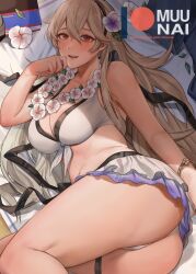 1girls alternate_costume ass beach_towel bikini black_hairband blush book bracelet breasts cleavage commentary corrin_(female)_(fire_emblem) corrin_(female)_(summer)_(fire_emblem) corrin_(fire_emblem) corrin_(fire_emblem)_(female) day english_commentary feet_out_of_frame female female_only fire_emblem fire_emblem_fates fire_emblem_heroes flower flower_necklace frilled_bikini frills front-tie_bikini_top front-tie_top glint grey_hair hair_between_eyes hair_flower hair_ornament hairband hand_to_own_mouth jewelry large_ass large_breasts leaf lei long_hair looking_at_viewer lying muunai navel nintendo official_alternate_costume on_side open_mouth outdoors paid_reward_available patreon_logo patreon_username red_eyes shade smile solo stomach swimsuit thigh_strap thighs thong_bikini towel web_address white_bikini white_swimsuit