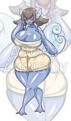 2d aminskiy anthro blue_skin breasts brown_hair cleavage curvy female female_focus female_only huge_breasts large_breasts milf nintendo pokémon_(species) pokemon thick thick_thighs tongue tongue_out wartortle wink