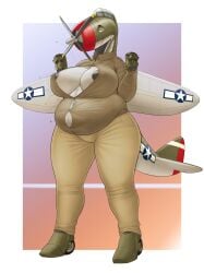 2023 3:4 absurd_res aircraft anthro bedroom_eyes belly big_belly big_breasts blue_eyes breasts brown_clothing button_pop charlotte_(panzerschreckleopard) chubby_female clothing colored deep_navel dress_shirt female green_body hi_res living_aircraft living_machine living_vehicle looking_at_viewer machine narrowed_eyes navel ndragon3 nipples overweight overweight_female p-47 p-47_thunderbolt seductive shaded shirt soft_shading solo tight_clothing topwear vehicle wardrobe_malfunction white_body world_war_2