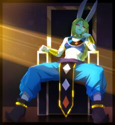 5_fingers 5_toes anthro clothed clothing dragon_ball female fit fit_female god_of_destruction goddess goddess_of_destruction gold_jewelry gradient hi_res highres lagomorph long_ears long_hair looking_at_viewer mammal mammal_humanoid muart242 necklace open_legs red_eyes saria_(dragon_ball_heroes) simple_background sitting slim_waist small_breasts solo super_dragon_ball_heroes throne tubetop white_fur yellow_hair