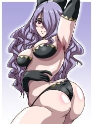 1girls arm_behind_head ass bad_anatomy big_ass black_panties bra breasts camilla_(fire_emblem) elbow_gloves female female_only fire_emblem fire_emblem_fates gloves hair_over_one_eye inabakun00 long_hair looking_at_viewer looking_back medium_breasts nintendo panties pink_eyes purple_hair smile solo underwear very_long_hair