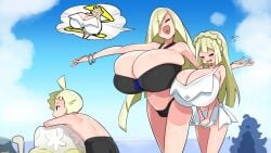 >_< 1boy 2girls ahoge alternate_breast_size alternate_color back bikini black_bikini black_male_swimwear blonde_hair bored bracelet breasts bursting_breasts cleavage closed_eyes cloud embarrassed family game_freak gigantic_breasts gladion_(pokemon) half-closed_eyes happy hex_maniac hex_maniac_(pokemon) huge_breasts jewelry lillie_(nihilego) lillie_(pokemon) lusamine_(pokemon) male_swimwear mature_female milf mother_and_daughter mother_and_son multiple_girls navel nihilego nintendo ocean open_mouth outdoors pokemon pokemon_(anime) pokemon_sm_(anime) resting shiny_pokémon shiny_pokemon shiny_skin skindentation sky swim_trunks swimsuit toudori water white_bikini