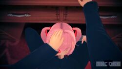 1boy 1girls 3d animated blowjob clothed clothing cum cum_in_mouth doki_doki_literature_club fellatio hairclip indoors koikatsu light-skinned_female light-skinned_male light_skin matching_hair/eyes natsuki_(doki_doki_literature_club) penis_out pink_eyes pink_hair pov school_uniform schoolgirl sound twintails txcore under_the_table veiny_penis video