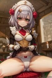 1girls ai_generated angry breasts embarrassed female flashing_panties galawave genshin_impact green_eyes indoors maid medium_breasts noelle_(genshin_impact) short_hair skirt_lift thighs white_hair