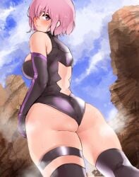 1girls ass breasts fate/grand_order fate_(series) female hair_over_one_eye large_ass large_breasts leotard light-skinned_female light_skin mash_kyrielight outdoors pink_hair purple_eyes short_hair sweat sweaty_body thick_thighs thighs yotahen