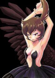 1girl armpits arms_up ballerina ballet bangs breasts brown_hair cleavage dress eyeshadow feathered_wings female female_only hair looking_at_viewer makeup nipple_bulge pose princess_kraehe princess_tutu short_hair skimpy skinny slim smile smiling_at_viewer solo solo_female sskbura thin tutu wings