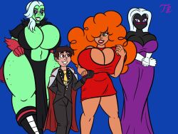 1boy 2d 3girls alien_girl big_breasts black-skinned_female black_sclera black_skin coat_on_shoulders commission cross_necklace crossover dress duck_dodgers green-skinned_female green_skin huge_breasts lord_dominator marco_diaz powerpuff_girls queen_tyr'ahnee red_hair rosary sara_bellum simple_background star_vs_the_forces_of_evil suit thick_thighs thornbrusha thurnbrushart wander_over_yonder wide_hips