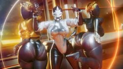 3d 3d_(artwork) 3girls ada-1 ass atomic_heart big_ass big_breasts bungie crossover curvy destiny_(game) destiny_(video_game) destiny_2 exo female female_only glowing jacket left_(atomic_heart) right_(atomic_heart) robot robot_girl shiny sonicfreak the_twins_(atomic_heart) thick_thighs thighs trio trio_female