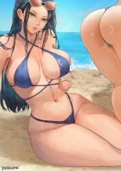 2girls ass ass_shot beach betahimeko big_ass big_breasts bikini bikini_bottom bikini_top black_hair blue_bikini breasts cleavage cutesexyrobutts_(style) female female_focus female_only green_eyes hair hips huge_ass huge_breasts lips long_hair multiple_girls nami nami_(one_piece) nico_robin one_piece post-timeskip sunglasses sunglasses_on_head swimwear thick_thighs thighs wide_hips