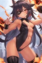 ai_generated black_boots black_ears boots cameltoe cat_ears cat_humanoid catgirl confident eye_patch female fire flaming_eye long_hair navel open_clothes open_clothing red_eyes shoes showing_teeth small_breasts smile smiling young younger_female