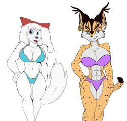 2girls akatsukishiranui-fox alluring anthro anthrofied athletic_female big_breasts bikini blue_eyes canine cleavage cocker_spaniel cyan_bikini edit fay_spaniel female_abs fit_female lavender_bikini legs lynx miyu_lynx nintendo pin_up posing purple_eyes spots star_fox star_fox_2