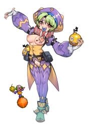 :q blue_tongue blush breast_tattoo breasts breasts_out clown clown_(terraria) clown_girl clown_makeup colored_tongue facial_mark female female_pubic_hair fingerless_gloves full_body gloves green_hair highres large_breasts long_sleeves mismatched_pupils nipples nyong_nyong pants pointy_ears pubic_hair puffy_long_sleeves puffy_sleeves purple_pants pussy pussy_juice red_eyes sharp_teeth shirt short_hair solo standing tattoo terraria tongue tongue_out white_gloves yellow_shirt