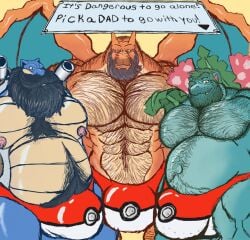 abs anthro beard belly big_beard big_belly big_bulge big_muscles big_pecs black_beard black_chest_hair black_eyes black_mustache black_text blastoise blue_body blue_eyes blue_wings bodily_fluids body_hair brown_shell bulge cannon charizard chest_hair chest_tuft cigar clothed clothing daddyfication digital_media_(artwork) dragon elemental_creature english_text facial_hair flora_fauna flower flower_(anatomy) gameplay_mechanics gay generation_1_pokemon green_beard green_body green_hair group hair hairy hairy_belly hi_res leaf long_beard male male/male male_only membrane_(anatomy) membranous_wings moustache multicolored_body multicolored_clothing multicolored_underwear muscular muscular_anthro muscular_male navel nintendo nipples orange_body overweight overweight_anthro overweight_male pecs pink_nipples plant pokeball pokeball_underwear pokemon pokemon_(species) pokenerd8 ranged_weapon red_clothing red_speedo red_swimwear red_underwear sharp_teeth shell simple_background smile speedo speedo_only standing starter_trio swimwear tan_body teeth text topless trio tuft two_tone_body underwear venusaur weapon white_clothing white_speedo white_swimwear white_underwear wings yellow_background