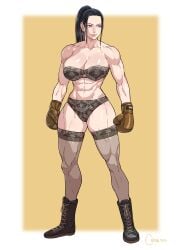 1girls abs athletic_female black_hair blue_eyes boots boxing_gloves brown_boxing_gloves brown_gloves cirenk female female_only fit_female gloves huge_breasts long_hair muscular_female nico_robin one_piece ponytail post-timeskip stockings underwear