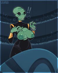 !! 1girls 3_fingers alien alien_girl artist_name black_dress black_sclera blue_eyes bracelet breasts collar disney dress embarrassed female grand_councilwoman lilo_and_stitch looking_down nipples surprised teeth welwraith