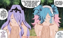 big_breasts big_penis blowjob blue_hair camilla_(fire_emblem) cock_worship dialogue female fire_emblem fire_emblem_fates hinata-hime hypnosis male mind_control nude_female penis peri_(fire_emblem) purple_hair text_bubble