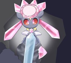 2021 censored clothed clothing convenient_censorship crystal diancie dizzytizzy dress female flashing genitals grey_body hi_res humanoid ineffective_censorship legendary_pokemon looking_at_viewer nintendo pink_eyes pokemon pokemon_(species) pussy raised_clothing raised_dress red_sclera smile solo