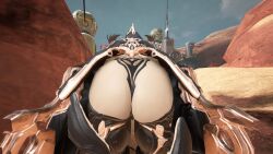 1girls 3d ass ass_focus back_view bending_forward bending_over big_ass black_panties black_stockings close-up desert game_cg mesa_(warframe) mesa_prime_(warframe) panties screencap screenshot stockings thick_ass thick_thighs warframe warframefun