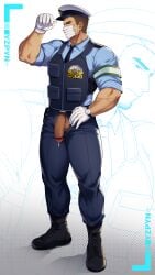 1boy absurdres armband artist_name bara biceps brown_hair bulletproof_vest gloves hand_on_hip highres looking_at_viewer male_focus male_only manly mask mature_male mouth_mask muscular muscular_male original pants penis police police_uniform precum pubic_hair shoes short_hair signature simple_background solo testicles thick_thighs thighs uniform watch white_background yzpyn