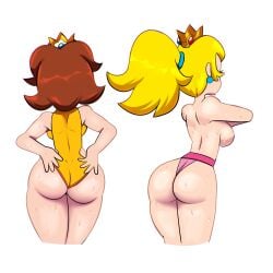 2girls ass breasts butt double_ass_focus female female_only mario_(series) monamania nintendo princess_daisy princess_peach rear_view sideboob simple_background sweetdandy tagme white_background