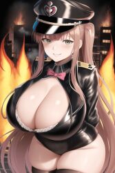 ai_generated arms_behind_back cleavage doki_doki_literature_club flames huge_breasts latex leather leather_suit long_hair monika_(doki_doki_literature_club) smiling thick_thighs