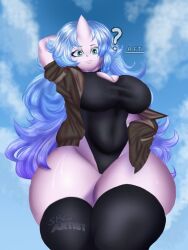 1girls arms_behind_back blue_hair boob_window breasts clari_(snowyblue) cleavage clouds confused curvy_figure digital_media_(artwork) female green_eyes horn jacket long_hair looking_at_viewer looking_down oc original original_character revealing_clothes shiny_skin sky snowyblue solo stretched_clothing sweat tall tall_female thick_thighs thigh_bulge thighhighs thunder_thighs watermark