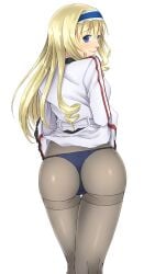 1girls ass big_ass blonde_hair blue_eyes blush breasts cecilia_alcott clothes_lift drill_hair female female_only from_behind hairband highres infinite_stratos long_hair looking_at_viewer looking_back panties panties_under_pantyhose pantyhose school_uniform sensual simple_background skirt skirt_hold skirt_lift smile solo takatora thong underwear