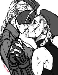 2girls after_kiss blush cammy_white clone clonecest clothed decapre drooling elina_kuroe_no_daarin female female_only holding_hands incest interlocked_fingers mask monochrome multiple_girls open_mouth saliva sisters street_fighter street_fighter_iv yuri