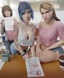 3d 3d_(artwork) 3girls angry bare_shoulders batesz big_breasts blonde_hair blue_eyes blue_hair bracelet breasts brown_hair busty chloe_price classroom cleavage clothed colored_hair condom condom_wrapper crop_top erect_nipples female female_focus female_only grade_prostitution hotpants hourglass_figure life_is_strange long_hair max_caulfield navel necklace nipple_bulge pose posing pov prostitution rachel_amber sexual_favor short_hair short_shorts sitting small_breasts sweat tank_top tattoo teacher teacher_and_student trio wide_hips